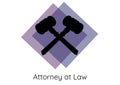 Attorney at law text with two gavel icons on purple banner against white background