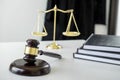 Attorney`s suit, Law books, a gavel and scales of justice on a w Royalty Free Stock Photo
