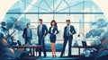 Attorney team. Businessmen and businesswomen standing together in modern office. Vector illustration