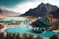 Attracchion Roller Coaster With Beautiful Scenery Near The Blue Lake With Mountain. Generative AI