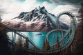 Attracchion Roller Coaster With Beautiful Scenery Near The Blue Lake With Mountains. Generative AI