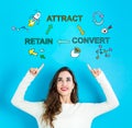 Attract, Convert, Retain with young woman looking upwards Royalty Free Stock Photo