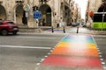 Floriana., Malta, August 2019. A multi-colored pedestrian crossing through the main street of the city.