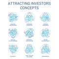 Attracting investors concept turquoise icons set