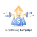Attracting money, fund raising campaign, easy loan, fast capital growth, investment return, funnel and money bag, finance concept,