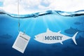 Attracting money in investments. Fishing hook with bait investment for investors. Blue underwater sea background. Royalty Free Stock Photo