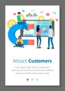 Attracting online customers webpage template. A team of people work with big magnet and with laptop