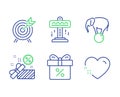 Attraction, Archery and Sale icons set. Discount offer, Elephant on ball and Heart signs. Vector