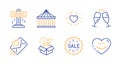 Attraction, Carousels and Gift icons set. Champagne glasses, Heart and Love letter signs. Vector