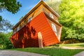 Attraction Upside down house, a house that stands on the roof, a funny house upside down in a park, upside-down Royalty Free Stock Photo