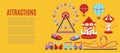 Attraction vector illustration banner. Carousels. Slides and swings, ferris wheel kids train attraction and air baloon