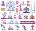 Attractions festive park elements as rollercoaster, circus tent, ferris wheel, and carousels. Shooting range, ice cream Royalty Free Stock Photo