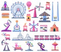 Attractions festive park elements as rollercoaster, circus tent, ferris wheel, and carousels. Shooting range, ice cream Royalty Free Stock Photo
