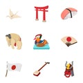 Attractions of Japan icons set, cartoon style