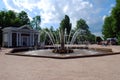 Attractions of the Peterhof Museum-reserve. Fountain ` Eva ` and Trellis gazebo on Marlinskaya alley.