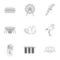 Attractions of Singapore icons set, outline style