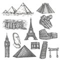 Attractions of the world in sketch style. Famous sights of the world. Travel set with pyramids, eiffel tower, colosseum