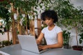 Attractive African-American business woman working on laptop computer sitting at desk from remote home office room with Royalty Free Stock Photo