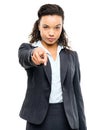 Attractive African American businesswoman pointing isolated on w