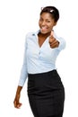 Attractive African American businesswoman thumbs up on white background