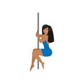 Attractive african american girl with long hair practicing pole dancing