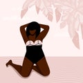 Attractive African American plus size girl in swimsuit on beach. Body positive concept. vector illustration