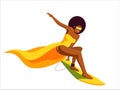 Attractive african american woman in chic yellow dress holding a surfboard. Summer female positive concept. Flat style