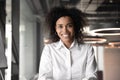 African businesswoman looking at camera make videocall having distant conversation