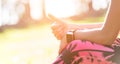 Attractive anonymous sportive woman wearing smart watch showing thumb up after workout session Royalty Free Stock Photo