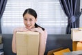 Attractive asian teenage start up running small business owner from home office. Home business concept Royalty Free Stock Photo