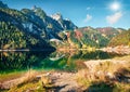 Attractive autumn scene of Vorderer Gosausee lake. Picturesque morning view of Austrian Alps, Upper Austria, Europe. Beauty of