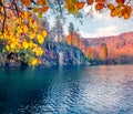 Attractive autumn view of lake and waterfall in Plitvice National Park,  Croatia, Royalty Free Stock Photo