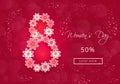 Attractive banner design for Womens day sale with paper-cut flowers and pink background.
