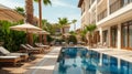 attractive banner with a pool area with sun loungers of a modern hotel To motivate clients to go on vacation at a luxury resort Royalty Free Stock Photo