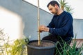 Attractive bearded man in dark clothing transplanting a tomato plant sprout into a larger pot in his urban garden set up on the Royalty Free Stock Photo