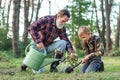 Attractive bearded senior grandfather with his lovely grandson on green lawn planting oak seedling and pour with water. Royalty Free Stock Photo