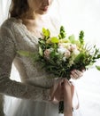 Attractive Beautiful Bride Holding Flowers Bouquet Royalty Free Stock Photo