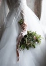 Attractive Beautiful Bride Holding Flowers Bouquet Royalty Free Stock Photo