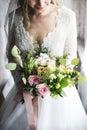 Attractive Beautiful Bride Holding Flowers Bouquet Royalty Free Stock Photo