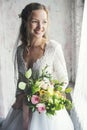 Attractive Beautiful Bride Holding Flowers Bouquet Royalty Free Stock Photo