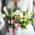 Attractive Beautiful Bride Holding Flowers Bouquet Royalty Free Stock Photo