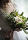 Attractive Beautiful Bride Holding Flowers Bouquet Royalty Free Stock Photo