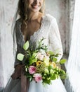 Attractive Beautiful Bride Holding Flowers Bouquet Royalty Free Stock Photo