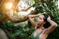 Attractive lady in bikini posing at camera Royalty Free Stock Photo