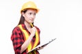 Attractive beautiful young asian construction female worker in yellow helmet and reflective vest holding clipboard isolated on Royalty Free Stock Photo