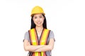 Attractive beautiful young asian construction female worker in yellow helmet and reflective vest posing isolated on white Royalty Free Stock Photo