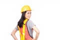 Attractive beautiful young asian construction female worker in yellow helmet and reflective vest posing isolated on white Royalty Free Stock Photo