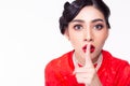 Attractive beautiful young asian woman keep secret, rumor. telling someone donÃ¢â¬â¢t tell secrets, rumor or confidential to anyone. Royalty Free Stock Photo