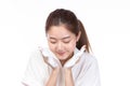 Attractive beauty young asian woman washing up her face with foam cleanser in the morning. Happy pretty girl cleaning her face Royalty Free Stock Photo