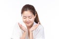 Attractive beauty young asian woman washing up her face with foam cleanser in the morning on white background Royalty Free Stock Photo